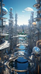 An ultramodern cityscape featuring self-sustaining skyscrapers, flying drones, and an intricate network of transport systems amid a digitally enhanced environment Generative AI