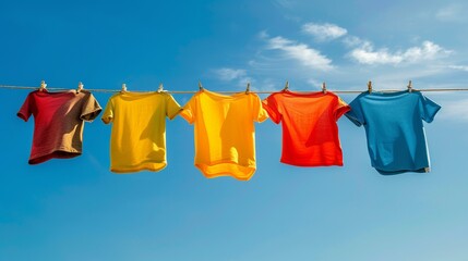 group of primary colored t-shirts on a clothesline in front of blue sky