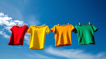 group of primary colored t-shirts on a clothesline in front of blue sky