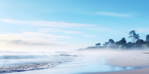 Obraz premium Serene ocean coastline with white mist. Tranquil landscape. Generative AI