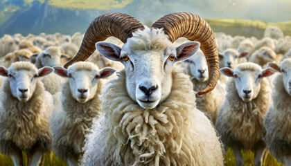 Portrait of a beautiful white ram with large horns and a herd of sheep or flock of sheep, on a...