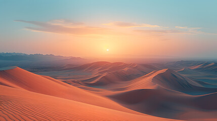 Fototapeta na wymiar A surreal desert, with mirage-like dunes as the background, during a time-bending sunset
