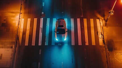 A car with its headlights on drives over a pedestrian crosswalk at night. Top view from drone. - obrazy, fototapety, plakaty