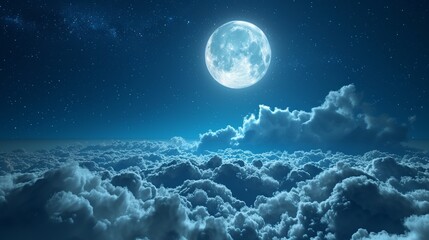 Naklejka na ściany i meble Beautiful realistic flight over cumulus lush clouds in the night moonlight. A large full moon shines brightly on a deep starry night