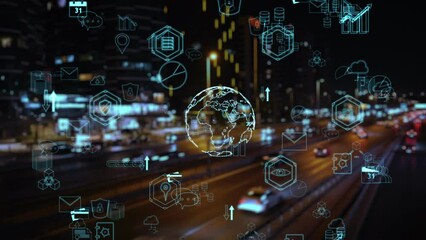 Cg collage on the background of a night city symbols of human activity are moving the globe appears in the center and around it icons with symbols of information protection. Information noise - Powered by Adobe