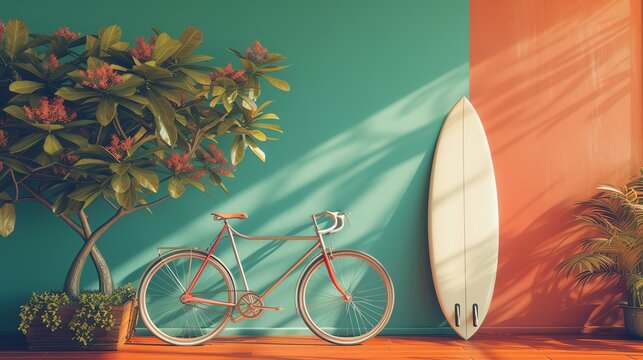 Bicycle and surfboard near color wall in room 