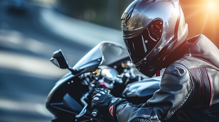 close-up biker in a helmet and leather protective equipment sits on a motorcycle, a sporty fast motorcycle  - obrazy, fototapety, plakaty