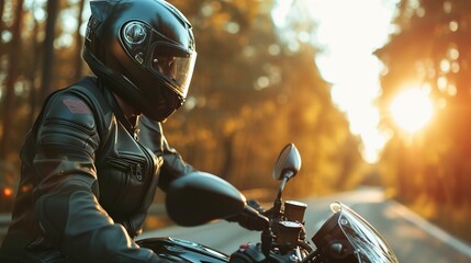 close-up biker in a helmet and leather protective equipment sits on a motorcycle, a sporty fast motorcycle 
