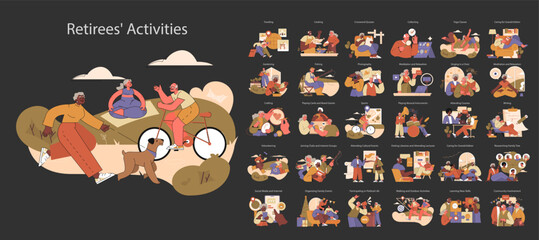 Retirees' Activities set. Diverse leisure and learning pursuits for seniors. From outdoor adventures to cultural enrichment. Engaging golden years with vitality.