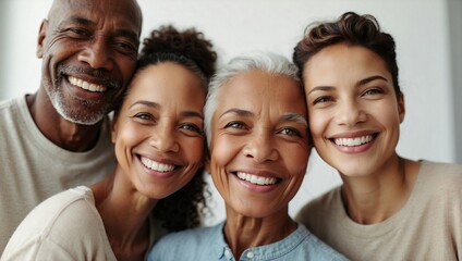 Happy family with three women, an older man, and adult children smiling together in a close-up family portrait, radiating warmth and togetherness.