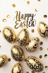 Naklejka premium Happy Easter calligraphy greeting card with golden easter eggs background, Pascha or Resurrection Sunday