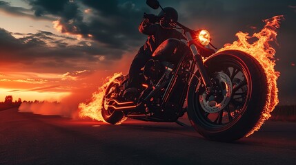 Motorbiker staying on burning motorcycle in sunset light. 