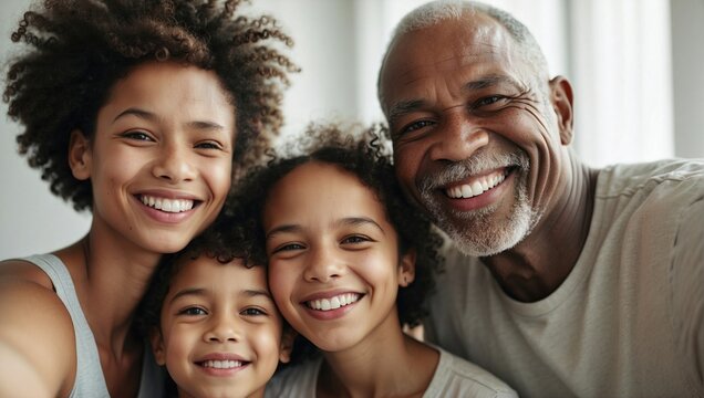 A joyful family with curly-haired children, a smiling woman, and a cheerful older man in a close family portrait, exuding warmth and happiness.
