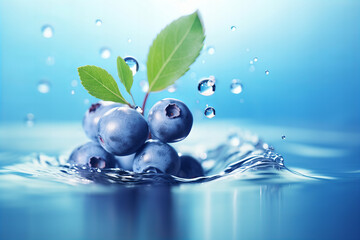 Fresh Blueberries with Leaves Splashing into Cool Water, Dynamic Motion, Healthy Food Concept, High-Resolution Image for Nutrition and Wellness Advertisements