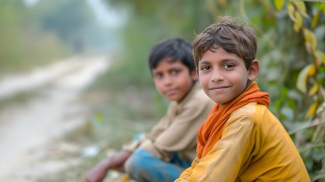 Indian boy and girl sitting on the ground and looking at the camera