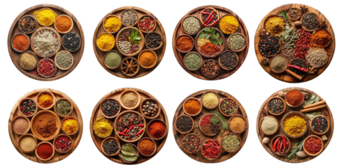 set of arranged Indian spices and herbs on wooden circular boards 