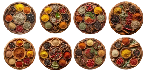 Poster set of arranged Indian spices and herbs on wooden circular boards  © Clemency