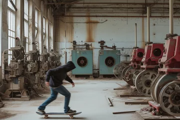 Wandcirkels plexiglas skater pushing past a line of abandoned factory equipment © stickerside