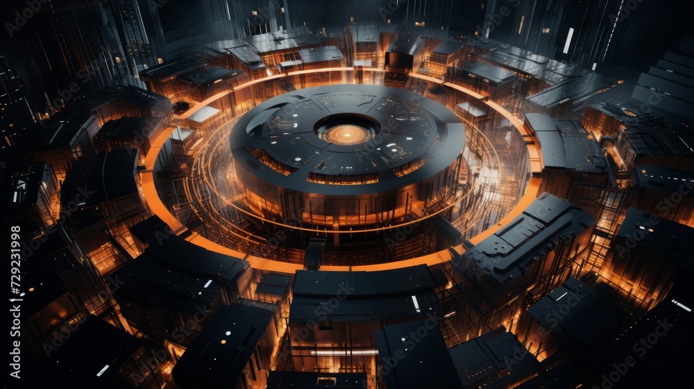 Poster bird's-eye view of an ai brain's data center, demonstrating its immense storage and analytical capab