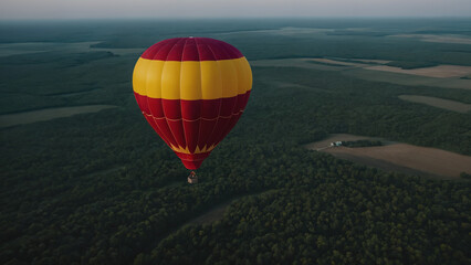 Fototapeta premium balloon flying over a field with a forest in the background