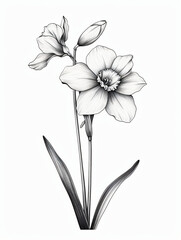 Black and white line drawing of daffodils