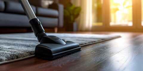 Cleaning carpet with vacuum cleaner in living room at sunny day. - obrazy, fototapety, plakaty