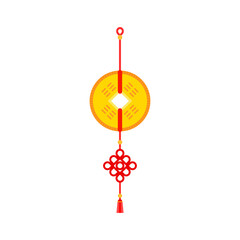 chinese new year feng shui coins batch red ribbon. Chinese hanging talisman with red knot, ancient Feng Shui coins and tassels. Asian traditionsl. New Year symbol of good fortune