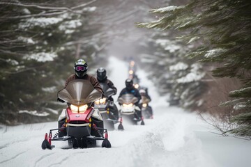snowmobile convoy following a trail through the woods