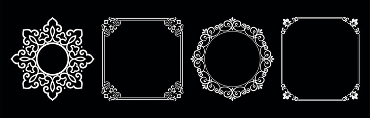 Set of decorative frames Elegant vector element for design in Eastern style, place for text. Floral black and white borders. Lace illustration for invitations and greeting cards.