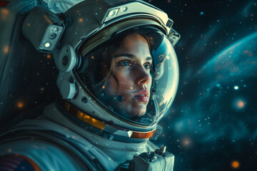 Astronautin im Weltall beeindruckt von der Schönheit des Universums - obrazy, fototapety, plakaty