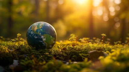 Obraz na płótnie Canvas Globe on green moss in the forest with sunlight, save the world concept