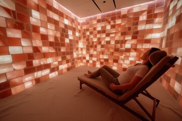 salt room with walls of pink salt bricks and reclining client