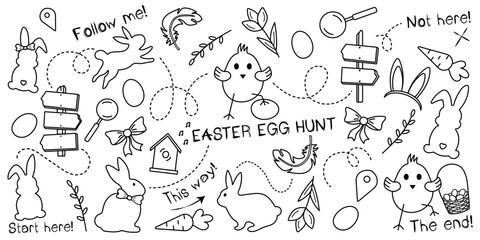 Doodle set for Easter egg hunt without background, children's style. Easter quest card with cute bunny, chick, eggs and tulips. Cartoon vector doodle set hand-drawn of traditional Easter items.