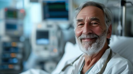 Portrait of a senior doctor sitting in a hospital ward and smiling