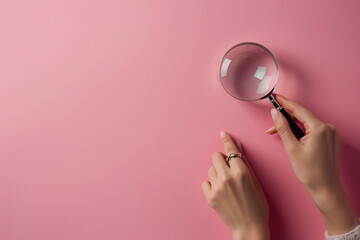 Woman hand holding magnifying glass, female searching product and womens health check concept