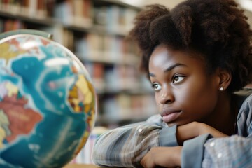 pensive student staring at a library globe
