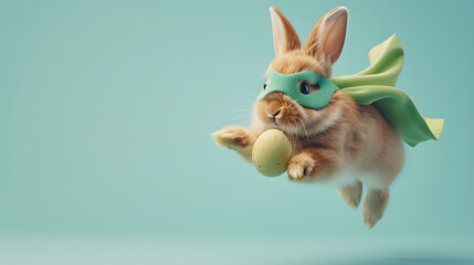 Superhero easter bunny flying with green cape and egg on pastel blue background, copy space. - obrazy, fototapety, plakaty