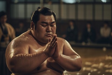 a sumo wrestler in a focused prematch ritual