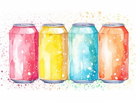 A Watercolor Painting of a Row of Soda Cans. Watercolor illustration. Copy space. Card.