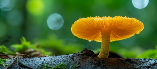 Selective focus images of a beautiful yellow mushroom in the jungle with natural view backgrounds.