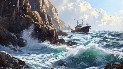 Cargo ship passing by rocky cliffs, turbulent waves, detailed and dynamic photorealistic depiction Generative AI