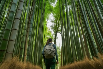 person with backpack walking among tall bamboo grove