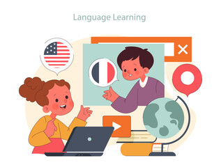 Fototapeta premium Children learn. Elementary school classes. Kids studying English and French. Foreign languages and vocabulary learning. Flat vector illustration