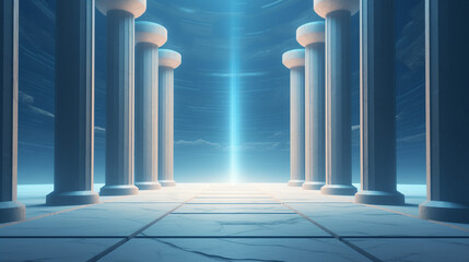 An Empty Room With Columns and a Light at the End. Background, copy space.