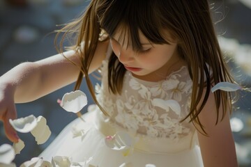 flower girl scattering real flower petals, slowly sinking around - obrazy, fototapety, plakaty