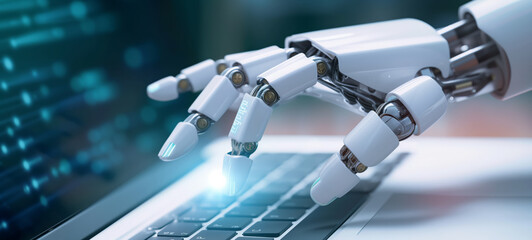 Robot hand using a keyboard on a laptop