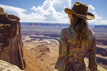female in paisley dress and stetson looking out over canyon - obrazy, fototapety, plakaty