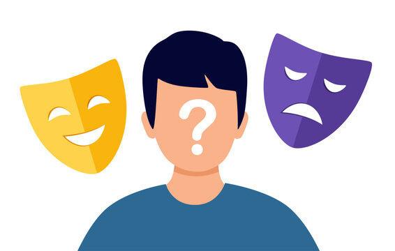 Faceless man with good and bad mood face mask in flat design. Bipolar disorder.
