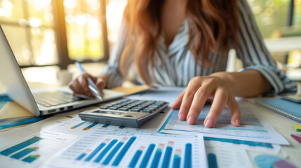 Tax data analysis concept Businesswoman looking company tax balance sheet report.