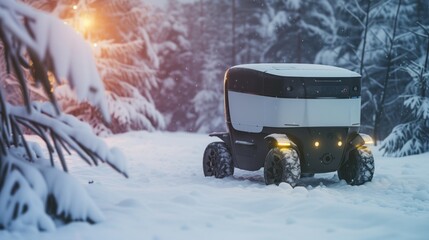 Autonomous robot delivers order through snow during snowfall. 
